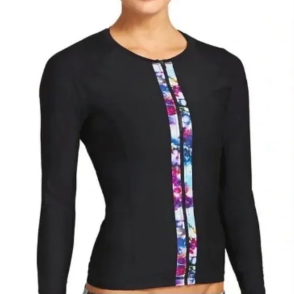 Athleta Black Floral Fade Zip-Up Long Sleeve UPF Rashguard Size Small